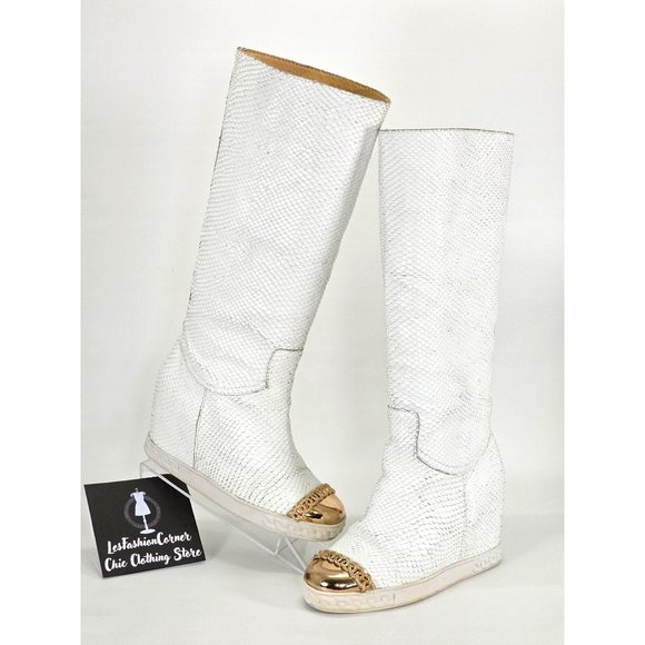 White and Gold Heeled Boots - Picture 1 of 11